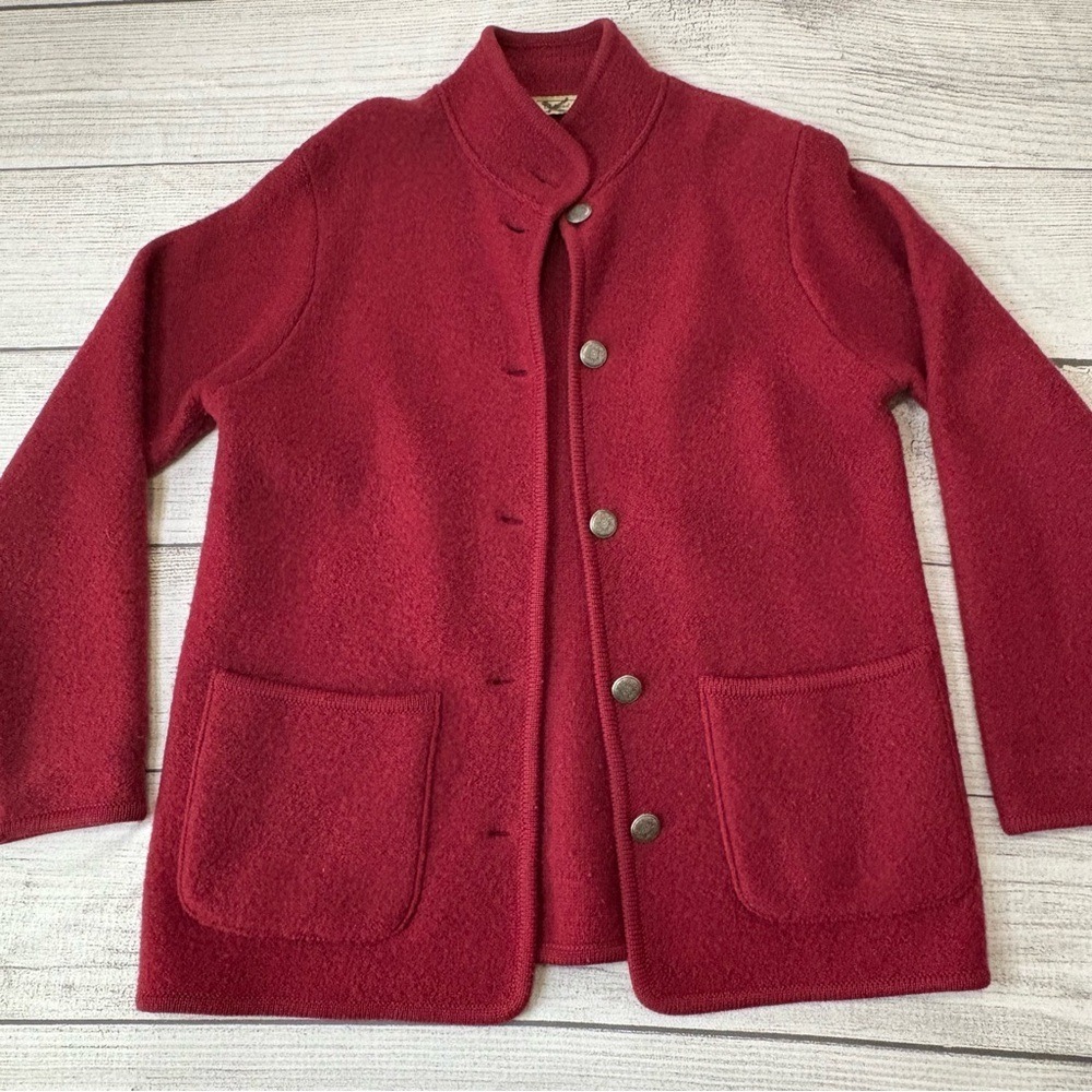 Vintage Women's LL Bean Boiled Wool Red Button Up Cardigan Coat Silver Buttons S